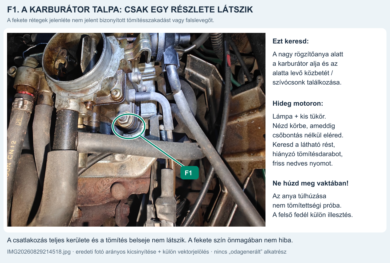 Saját Clio-fotó: a nagy rögzítőanya alatt kör jelöli a talp és a fekete illesztési rétegek egy látható szakaszát.